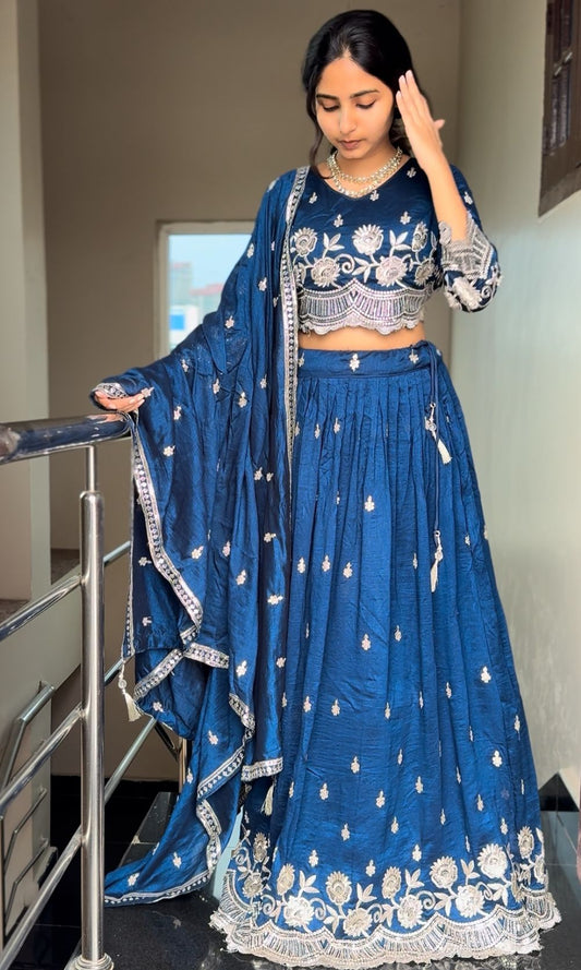Deep Royal Blue Pleated Lehenga Set