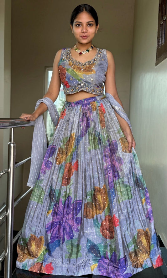 Gray Floral Print Embroided Lehenga Set