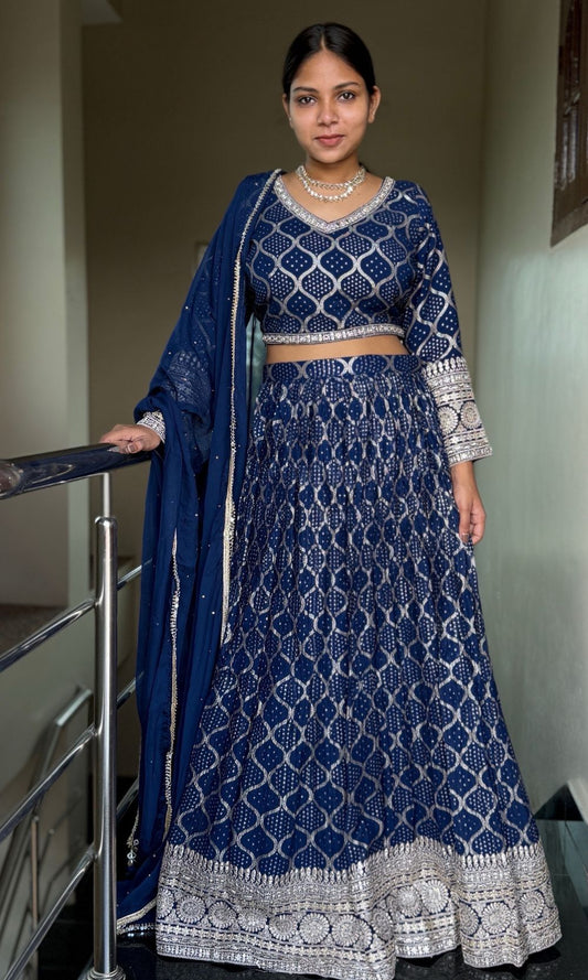 Dark-Blue Embroidered Lehenga Set