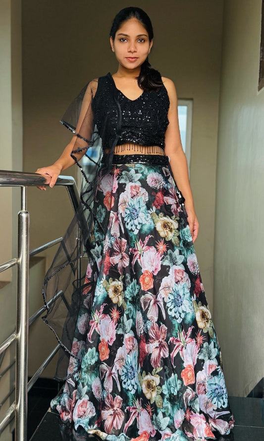 Black Floral Organza Lehenga Set