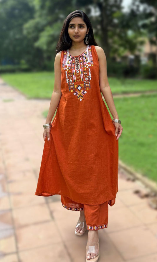 Orange Embroidered Kurta-Palazzo Co-Ord Set