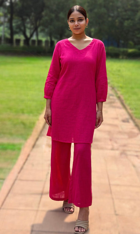 Pink Plain Cotton Kurta Palazzo Co-ord set with V-Neckline
