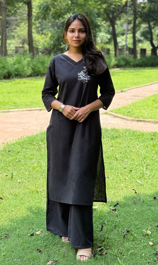 Cotton Black Floral Embroidered Kurta Palazzo Co-ord Set with V-Neckline