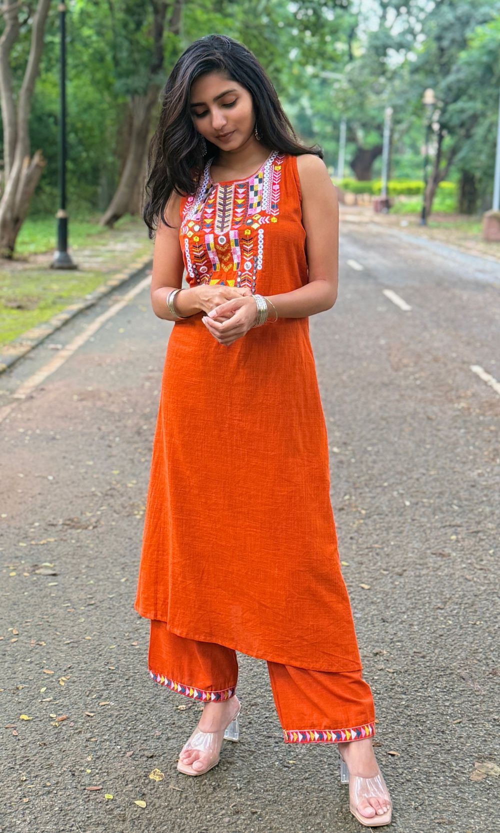 Orange Embroidered Kurta-Palazzo Co-Ord Set