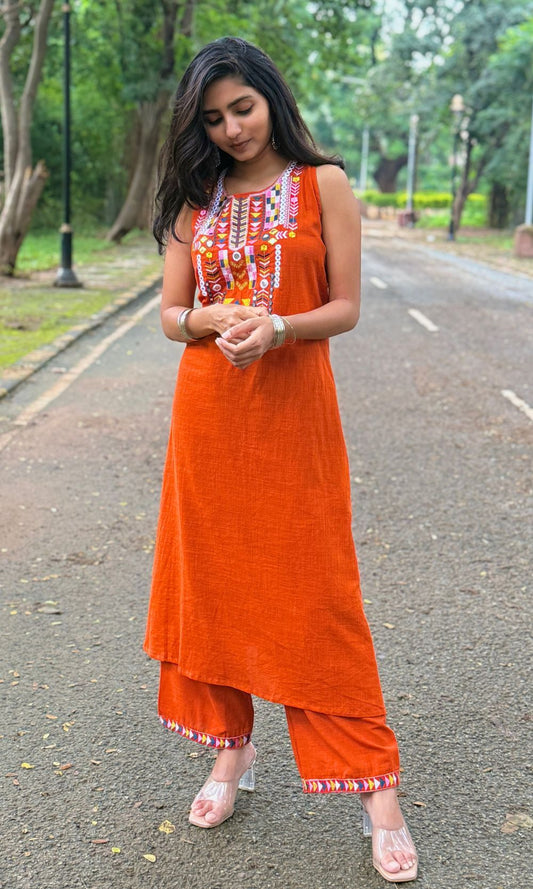 Orange Embroidered Kurta-Palazzo Co-Ord Set