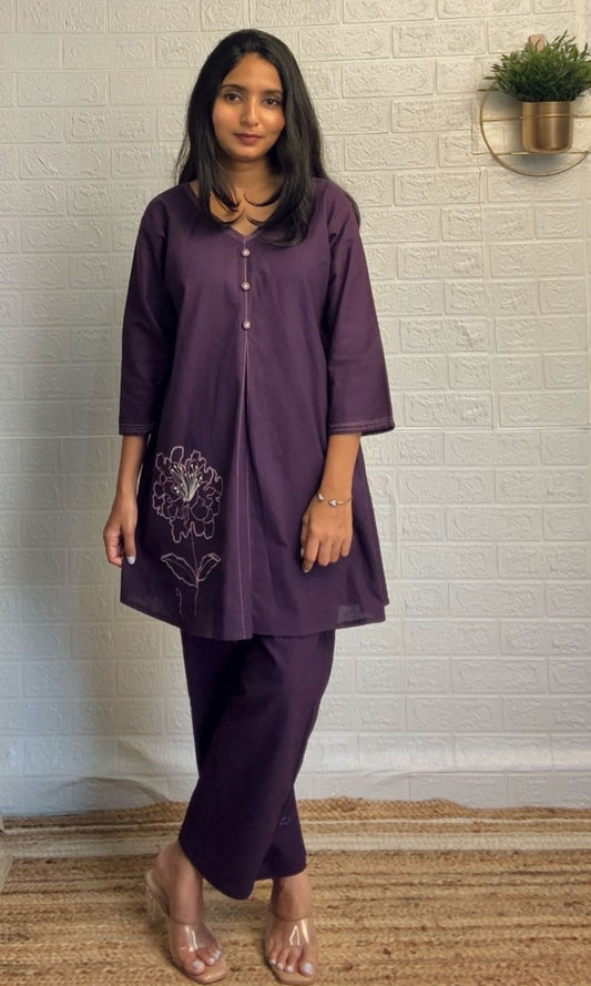 Violet Minimal Floral Embroidery Co-Ord Set