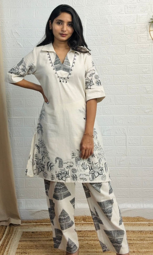 Off White Block Print Kurta Palazzo Co-ord Set