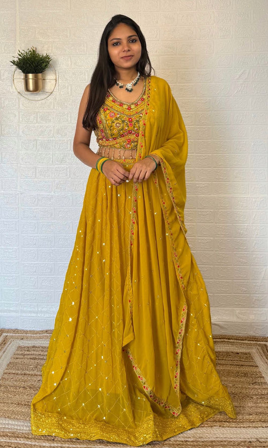 Yellow Georgette Pleated Lehenga Set