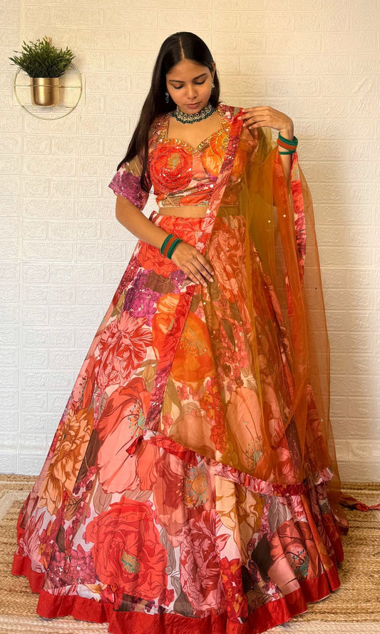 Orange Floral Lehenga Set