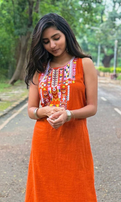 Orange Embroidered Kurta-Palazzo Co-Ord Set