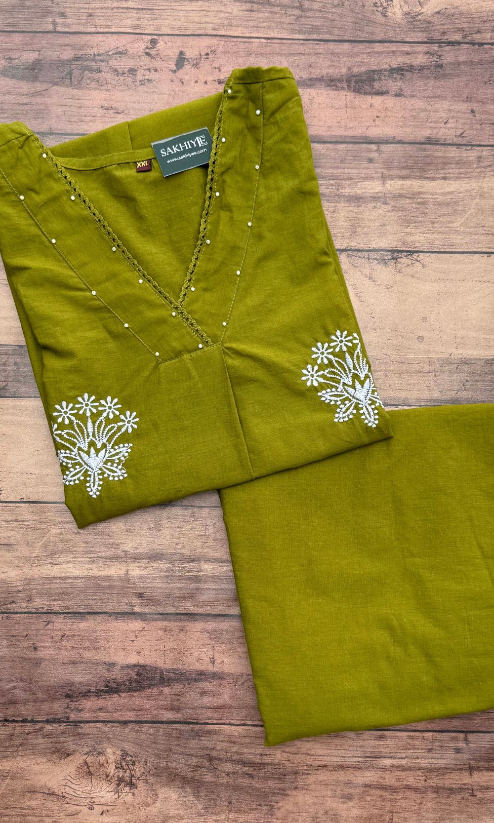 Olive Green Cotton Embroidered Kurta Palazzo Co-ord Set with V-Neckline