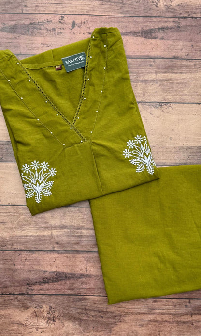 Olive Green Cotton Embroidered Kurta Palazzo Co-ord Set with V-Neckline