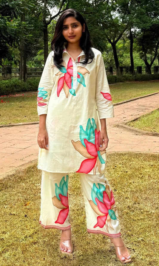 White Floral Kurta Palazzo Co-Ord Set