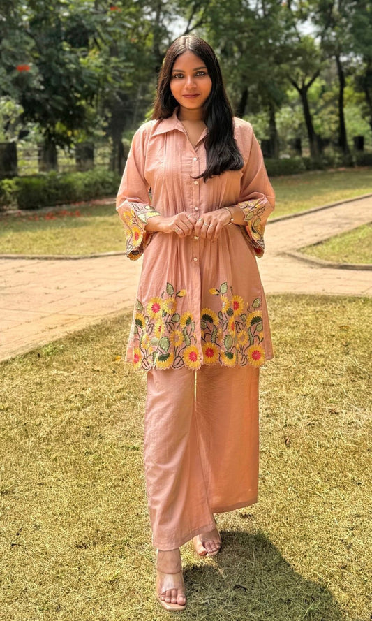 Peach Cream  Floral Embroidered Pleated Kurta palazzo Co-ord set