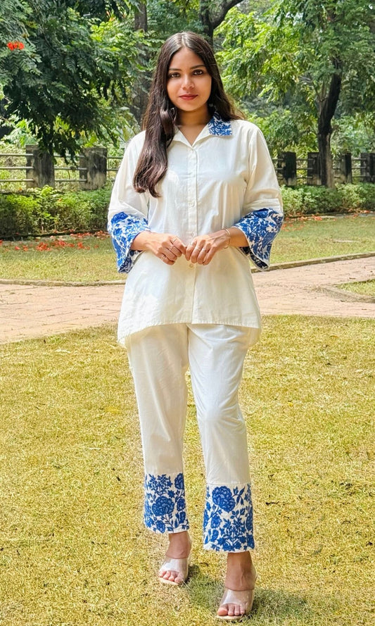 White - Blue Floral Embroidered Co-Ord Set