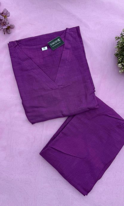 Plain Purple Cotton Kurta Palazzo Co-ord set with V-Neckline