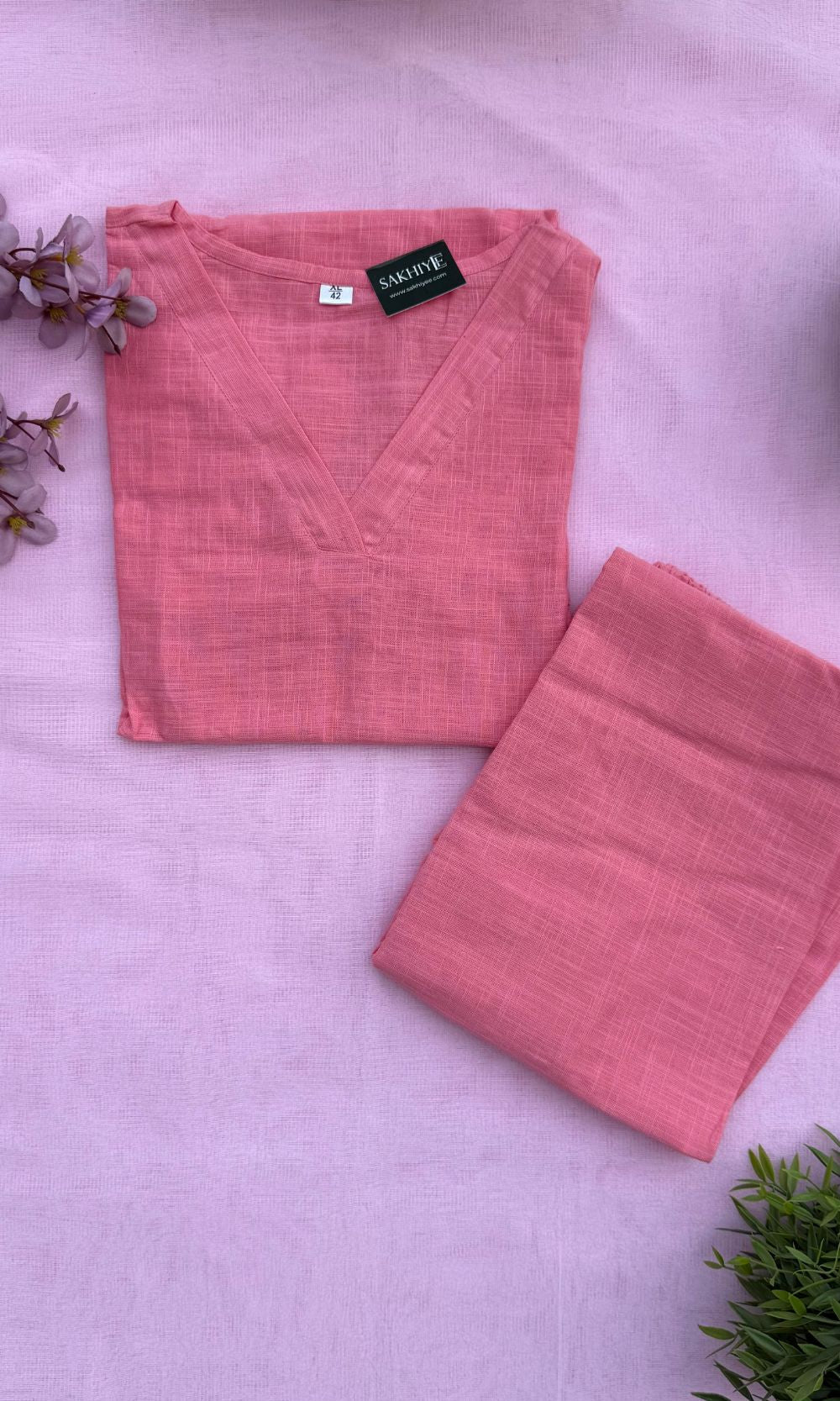 Plain Pink Cotton Kurta Palazzo Co-ord set with V-Neckline