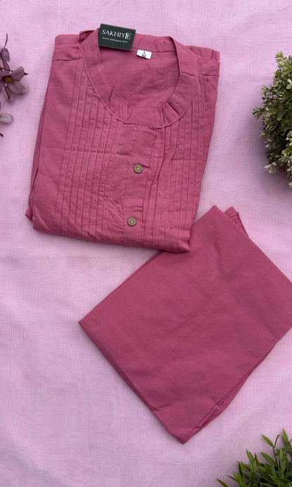Pink Cotton Pleated Kurta palazzo Co-ord set with Floral Embroidered Sleeves