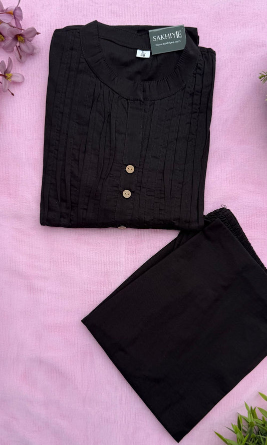 Black Cotton Pleated Kurta Palazzo Co-ord set with Floral Embroidered Sleeves