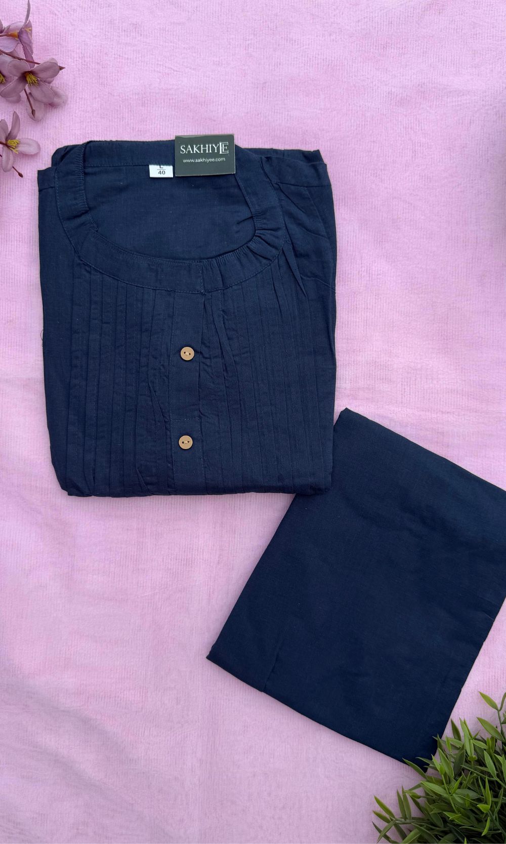 Dark Blue Cotton Pleated Kurta Palazzo Co-ord set with Floral Embroidered Sleeves