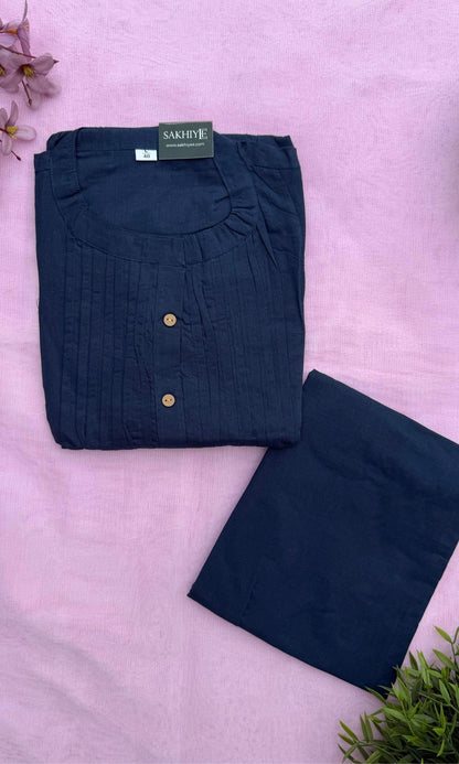 Dark Blue Cotton Pleated Kurta Palazzo Co-ord set with Floral Embroidered Sleeves