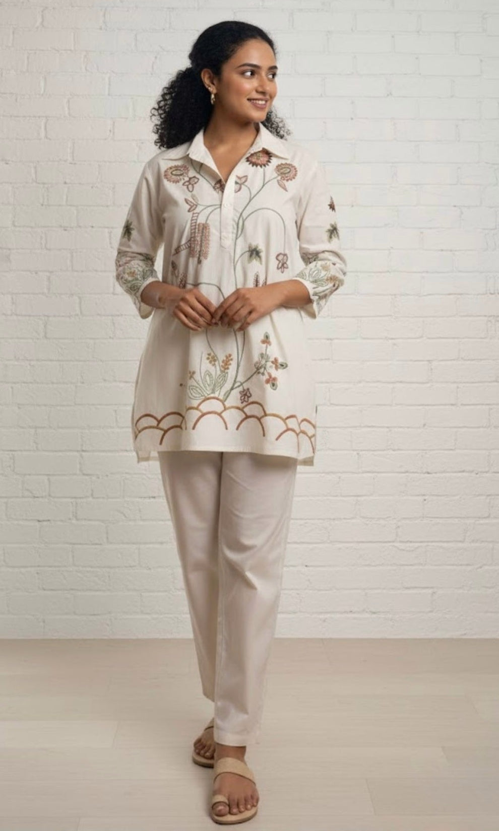 Off White Floral Embroidered Co-ord Set with Collared Neckline