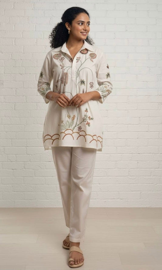 Off White Floral Embroidered Co-ord Set with Collared Neckline