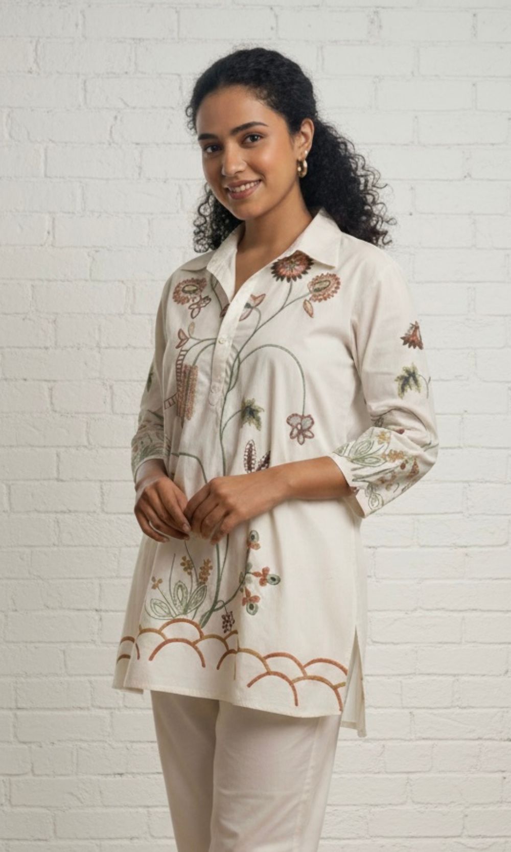 Off White Floral Embroidered Co-ord Set with Collared Neckline