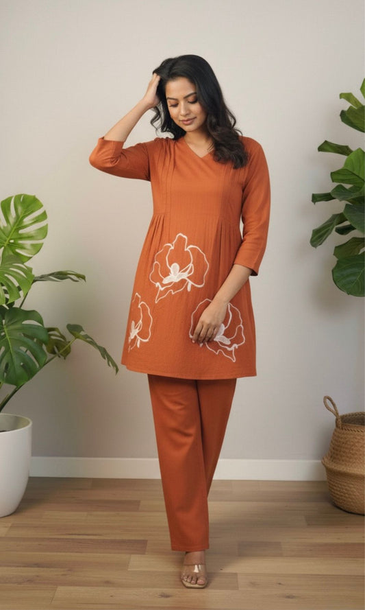 Rust Orange Peplum Style Floral Embroidered Co-Ord Set