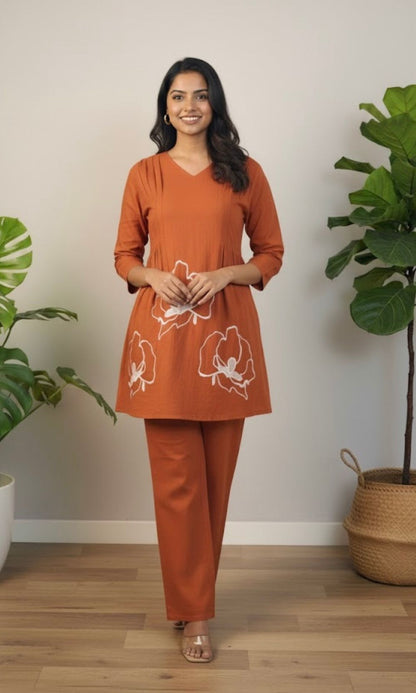 Rust Orange Peplum Style Floral Embroidered Co-Ord Set