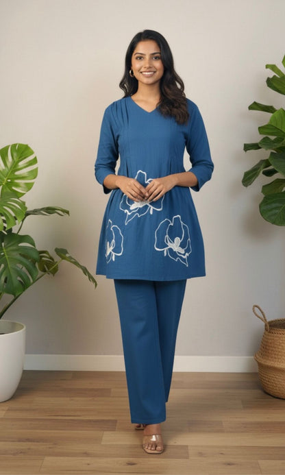 Blue Peplum Style Floral Embroidered Co-Ord Set