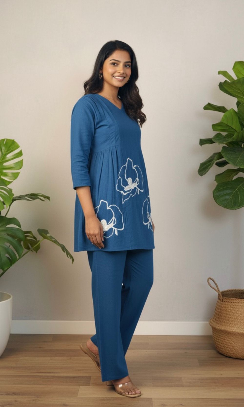 Blue Peplum Style Floral Embroidered Co-Ord Set