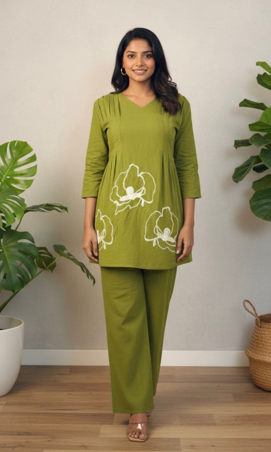 Green Peplum Style Floral Embroidered Co-Ord Set