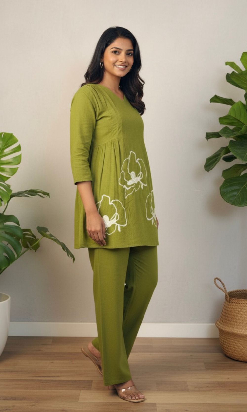 Green Peplum Style Floral Embroidered Co-Ord Set