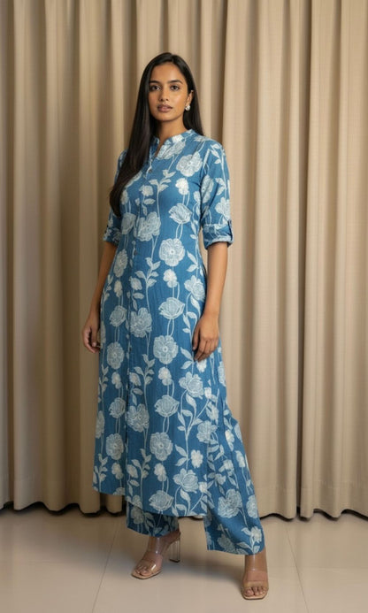 Blue-White Floral Kurta Palazzo Co-ord Set