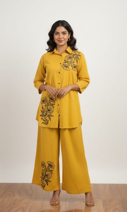 Mustard Yellow Minimal Floral Embroidery Co-ord Set