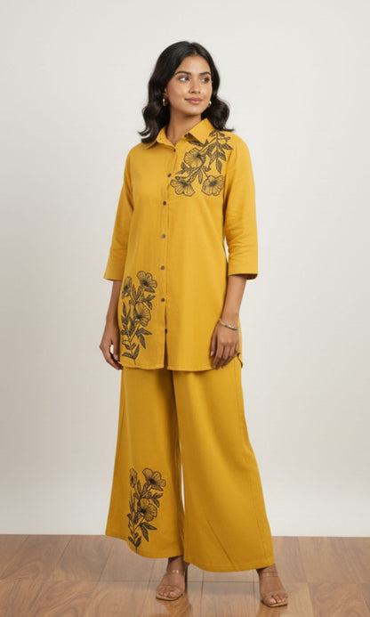 Mustard Yellow Minimal Floral Embroidery Co-ord Set