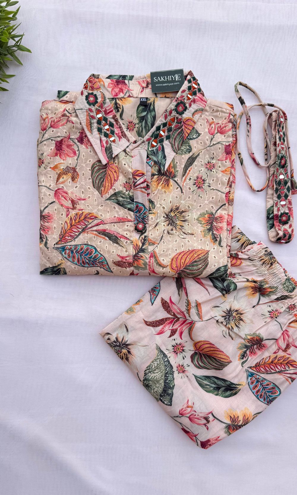 Beige Floral Kurta Palazzo Co-Ord Set with Belt