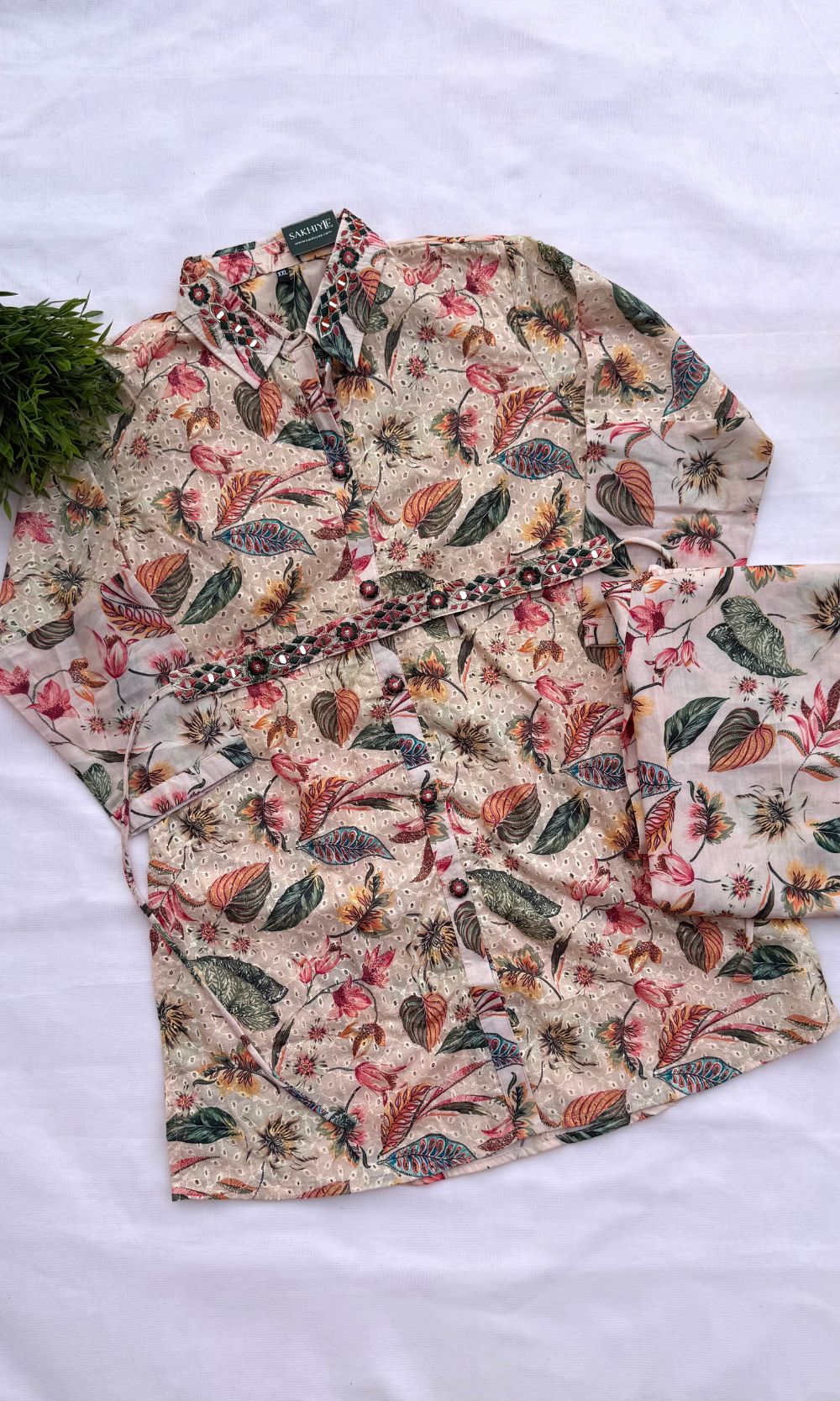 Beige Floral Kurta Palazzo Co-Ord Set with Belt