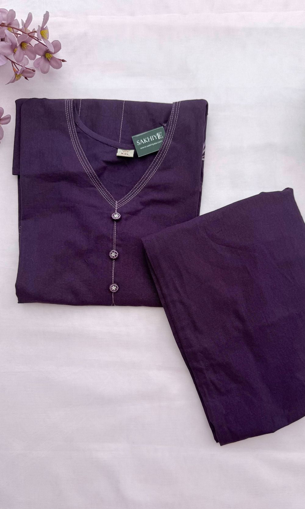 Violet Minimal Floral Embroidery Co-Ord Set