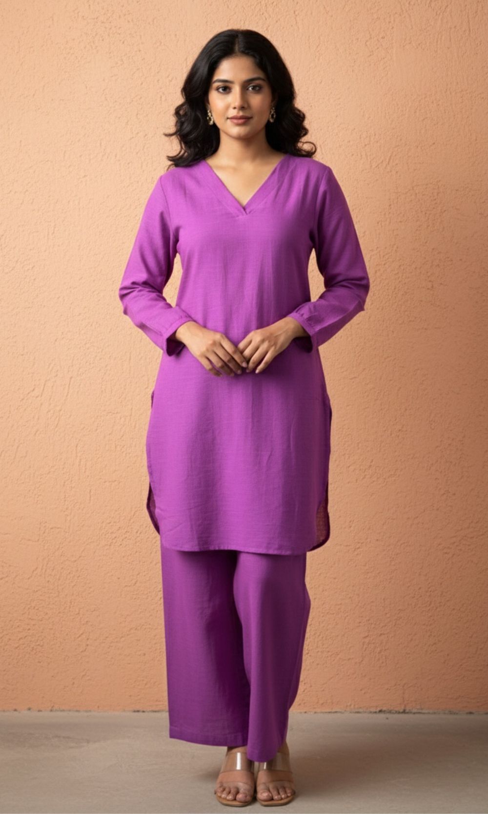 Plain Purple Cotton Kurta Palazzo Co-ord set with V-Neckline