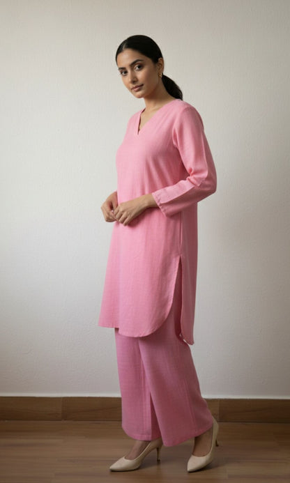 Plain Pink Cotton Kurta Palazzo Co-ord set with V-Neckline