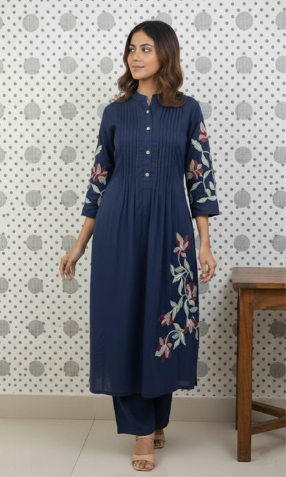 Dark Blue Cotton Pleated Kurta Palazzo Co-ord set with Floral Embroidered Sleeves
