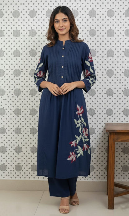 Dark Blue Cotton Pleated Kurta Palazzo Co-ord set with Floral Embroidered Sleeves