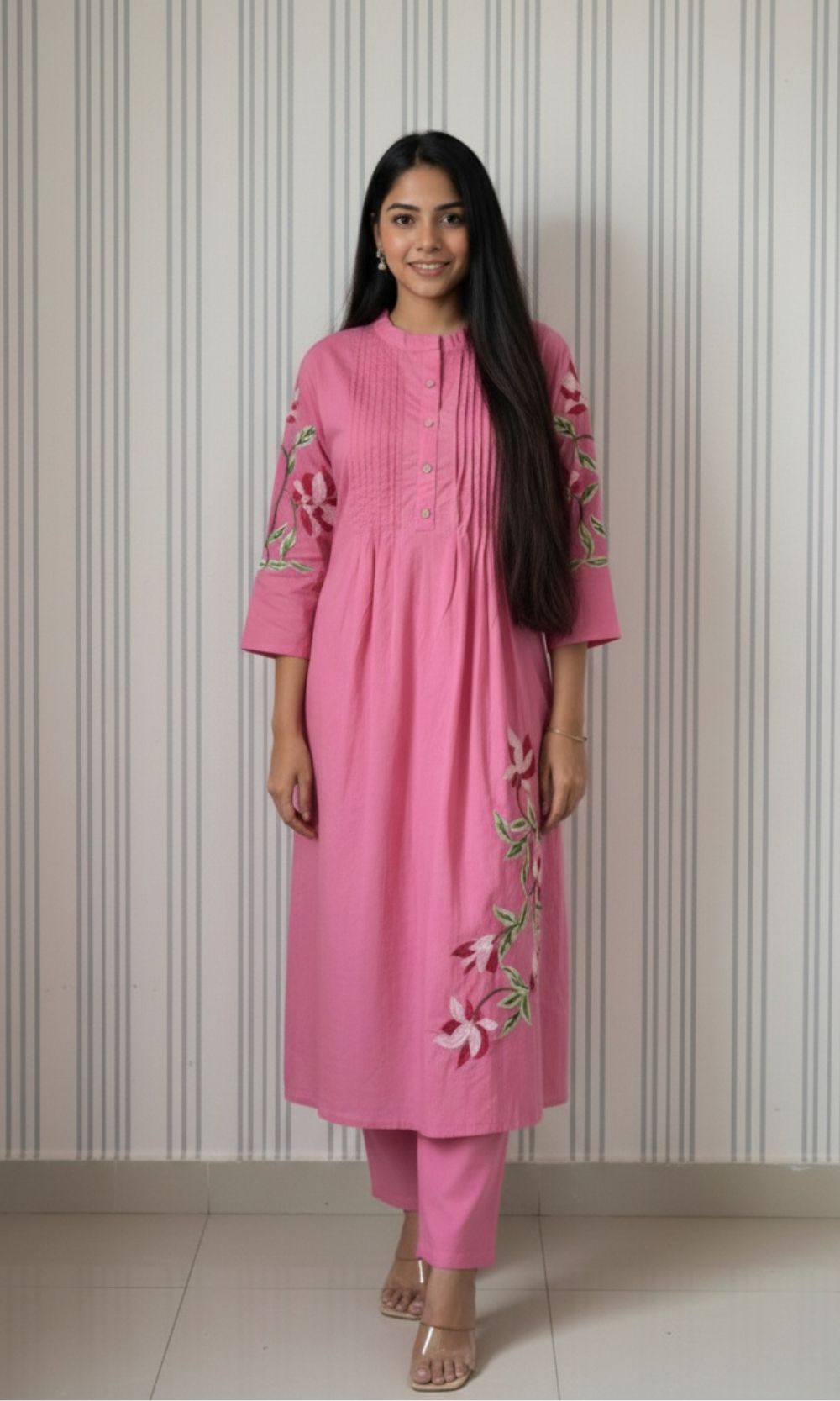 Pink Cotton Pleated Kurta palazzo Co-ord set with Floral Embroidered Sleeves