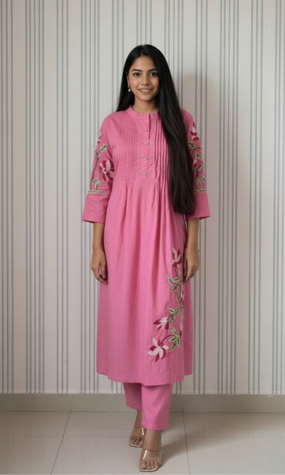 Pink Cotton Pleated Kurta palazzo Co-ord set with Floral Embroidered Sleeves