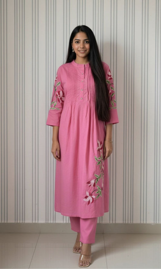 Pink Cotton Pleated Kurta palazzo Co-ord set with Floral Embroidered Sleeves