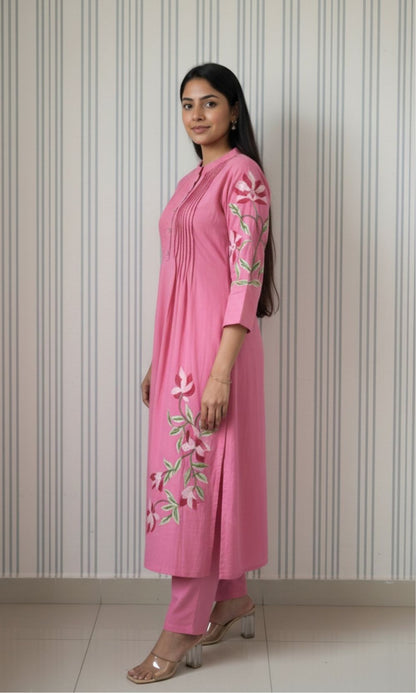 Pink Cotton Pleated Kurta palazzo Co-ord set with Floral Embroidered Sleeves