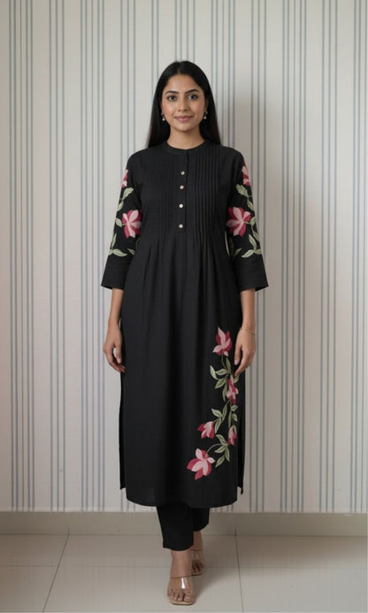 Black Cotton Pleated Kurta Palazzo Co-ord set with Floral Embroidered Sleeves