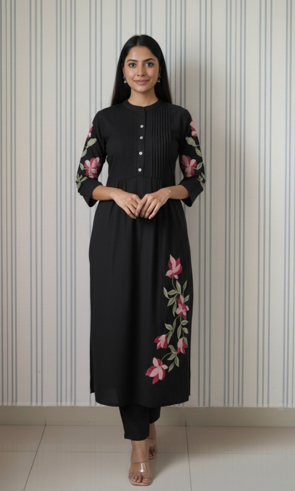 Black Cotton Pleated Kurta Palazzo Co-ord set with Floral Embroidered Sleeves